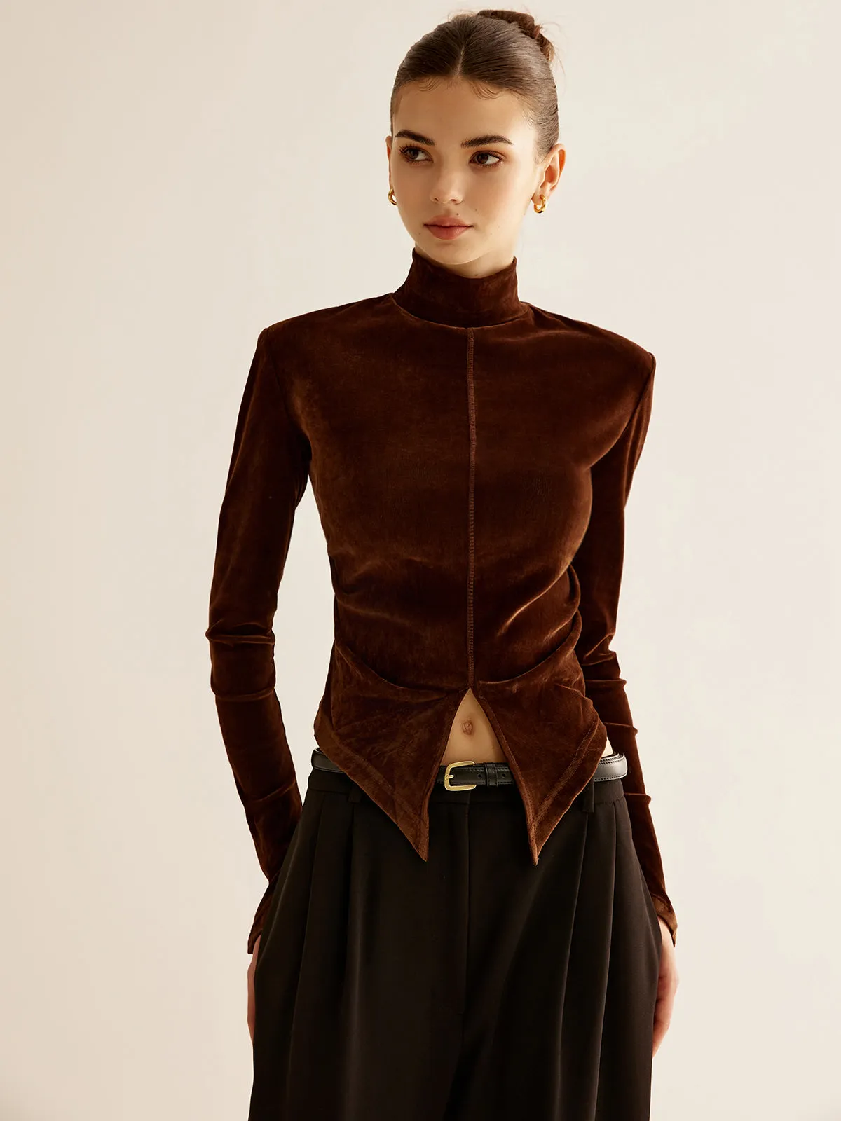 Velvet Mock-Neck Slit T-Shirt sold by COMMENSE