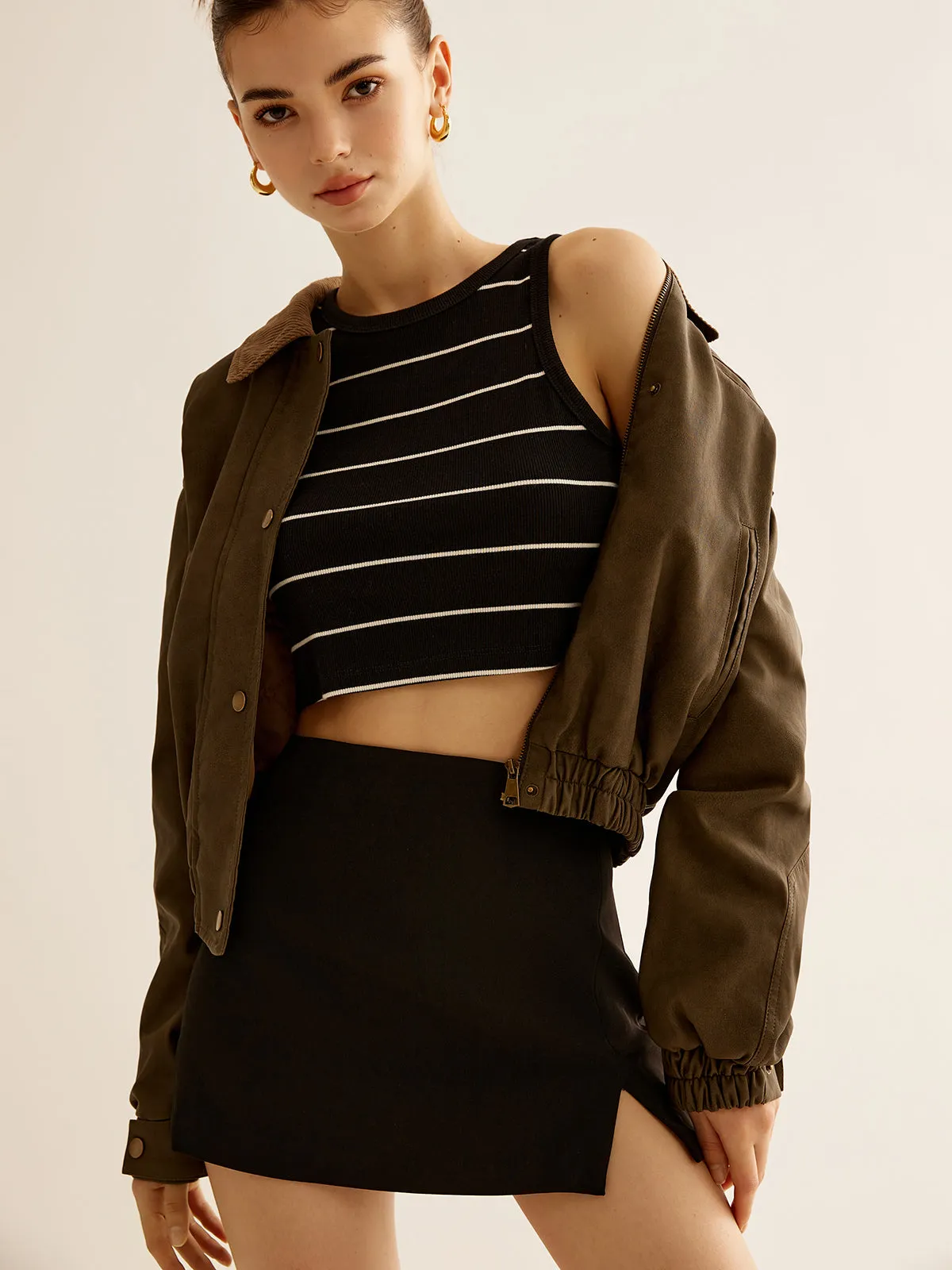 Corduroy-Collar PU Leather Jacket sold by COMMENSE product image thumbnail 5