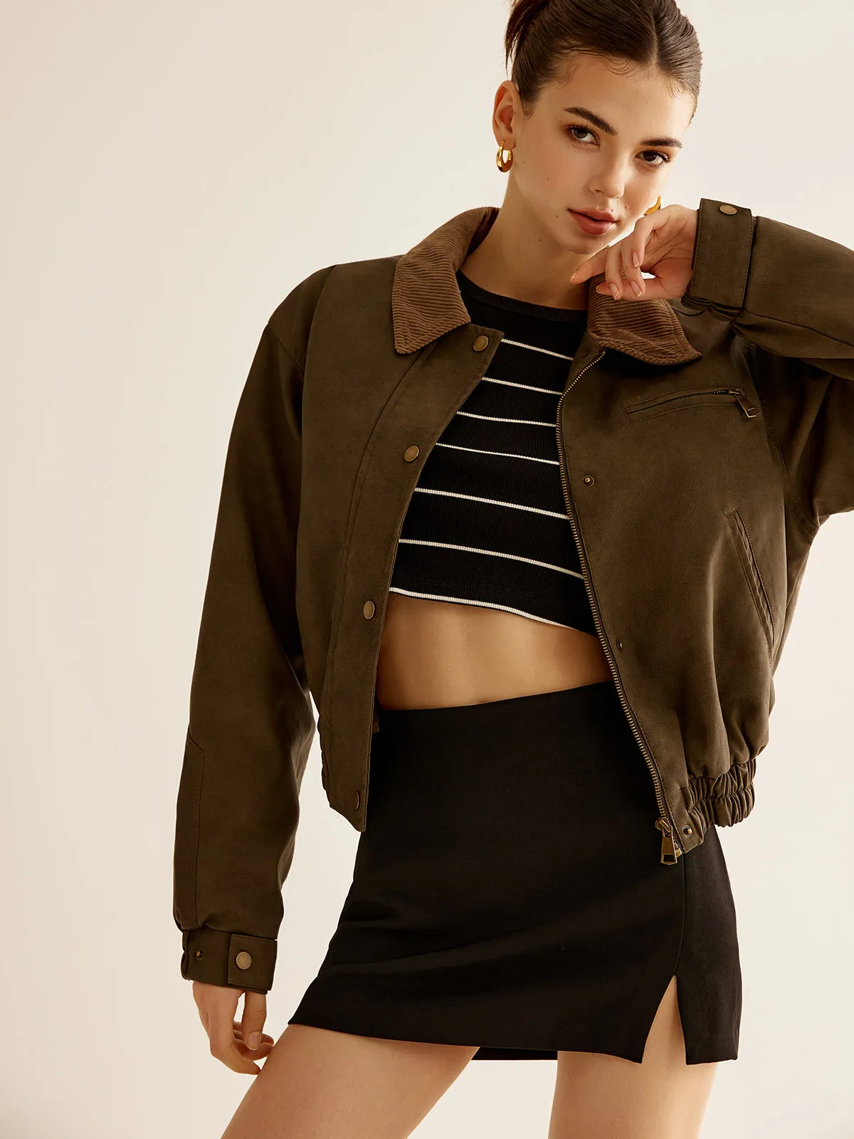 Corduroy-Collar PU Leather Jacket sold by COMMENSE product image thumbnail 2