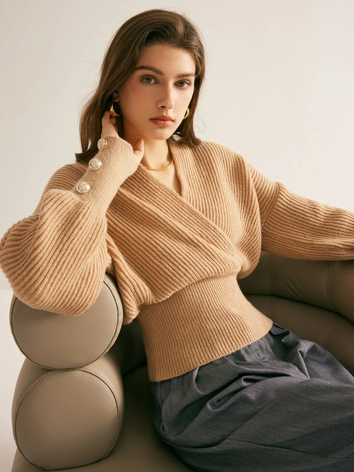 Ribbed Criss Cross Cinched Sweater sold by COMMENSE