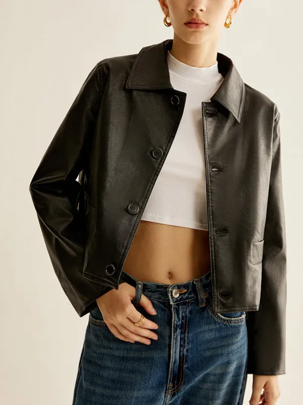 Button PU Leather Short Jacket sold by COMMENSE