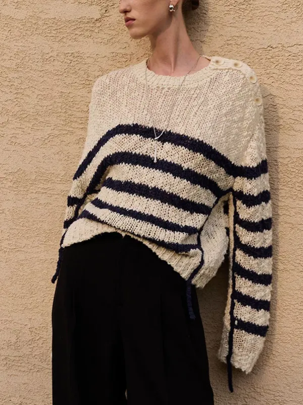 Striped Hollow Pullover Sweater sold by COMMENSE