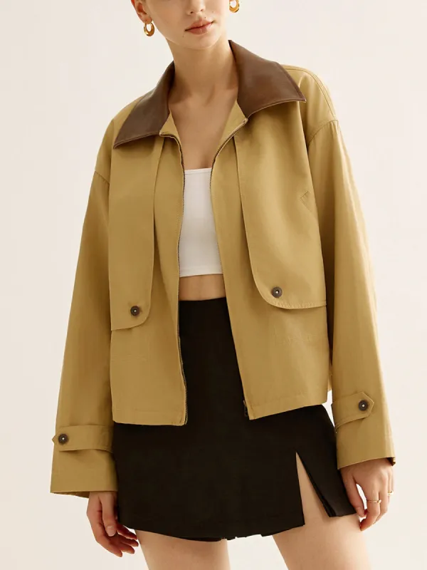 Contrast-Collar Zipper Trench Coat sold by COMMENSE