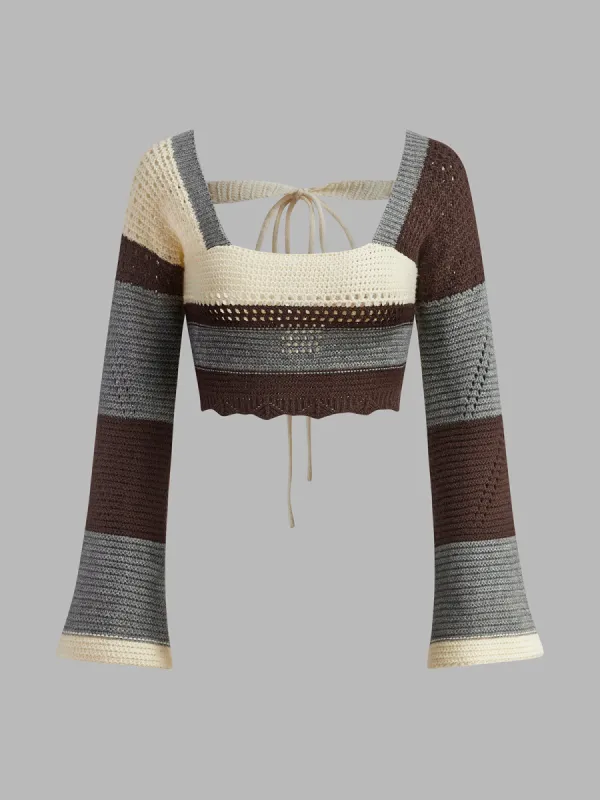 Color Block Drawstring Crop Sweater sold by COMMENSE