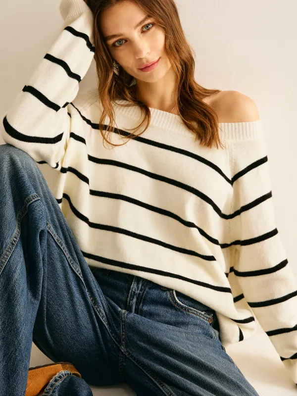 Off Shoulder Striped Pullover Sweater sold by COMMENSE