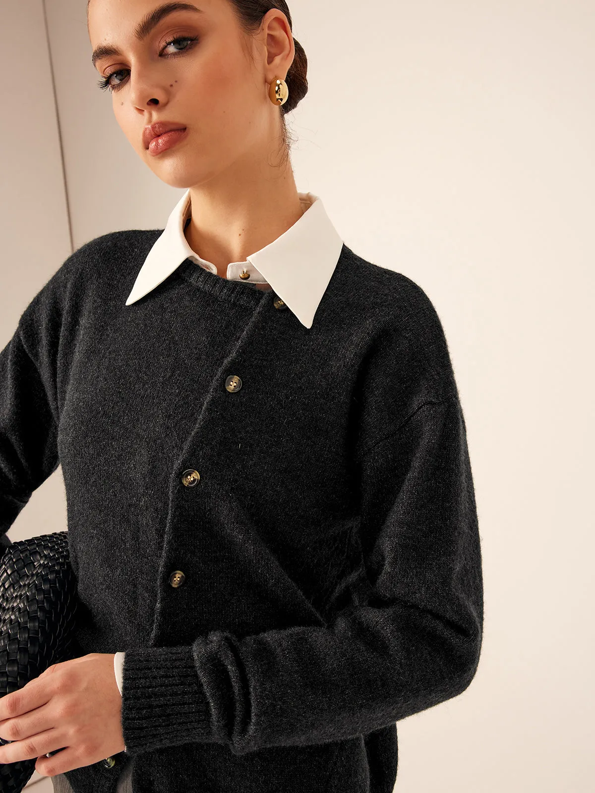 Asymmetrical Button-Down Crew Neck Cardigan sold by COMMENSE product image thumbnail 4