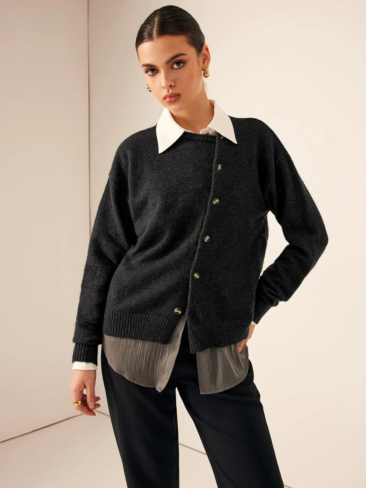 Asymmetrical Button-Down Crew Neck Cardigan sold by COMMENSE