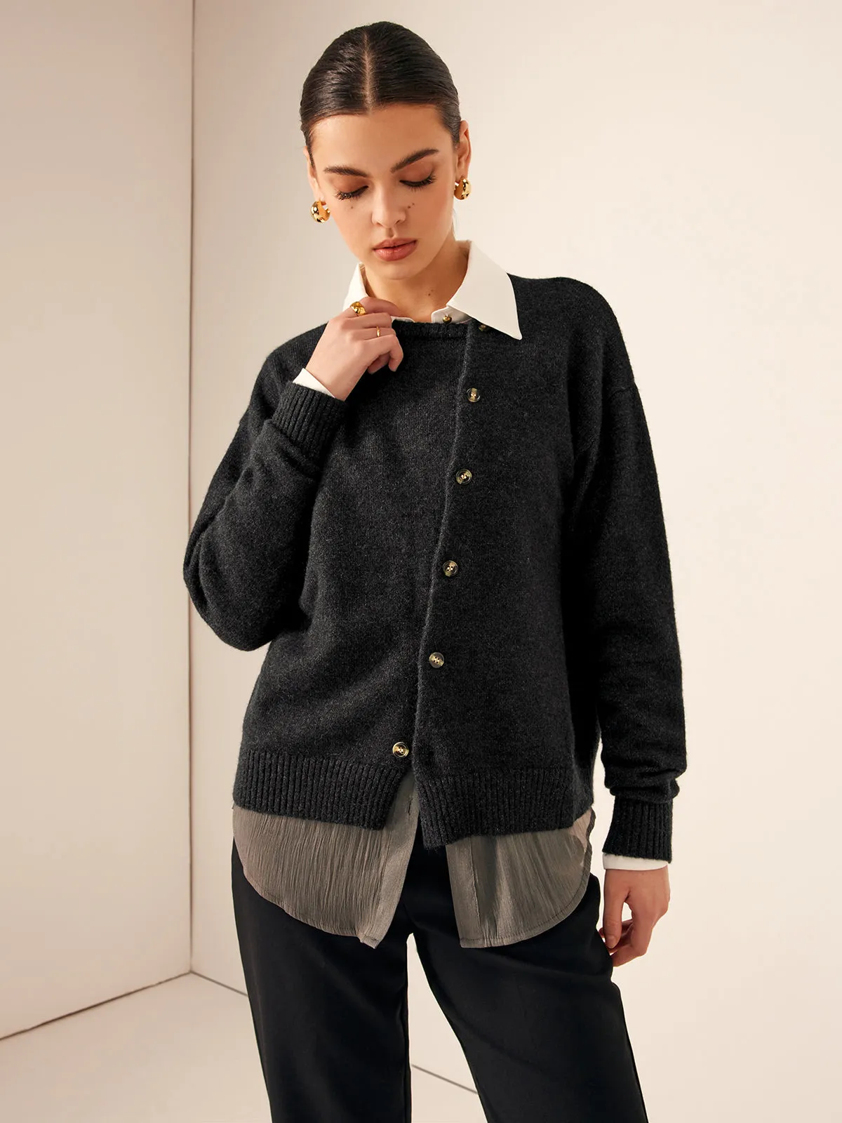 Asymmetrical Button-Down Crew Neck Cardigan sold by COMMENSE product image thumbnail 2