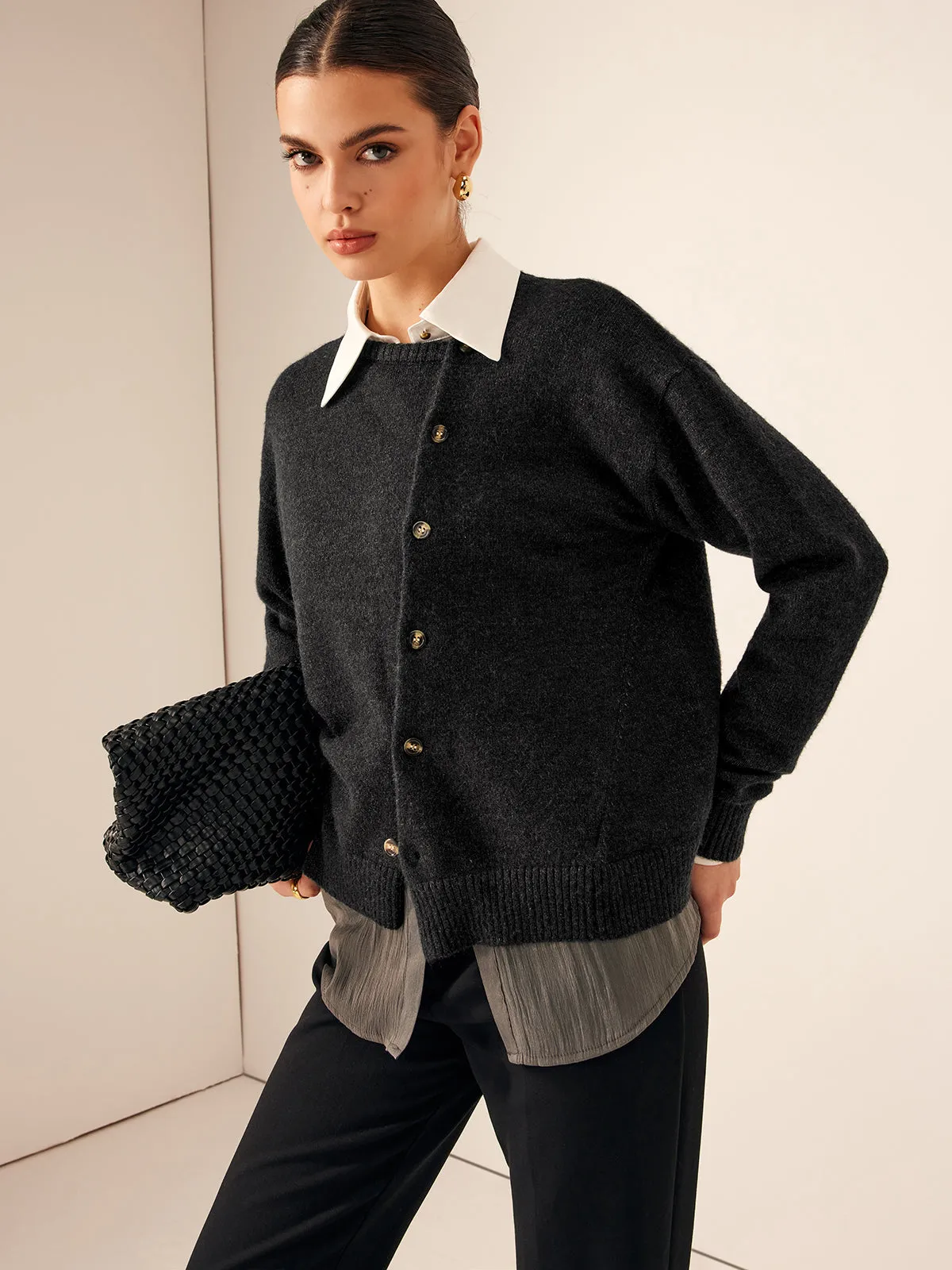 Asymmetrical Button-Down Crew Neck Cardigan sold by COMMENSE product image thumbnail 3