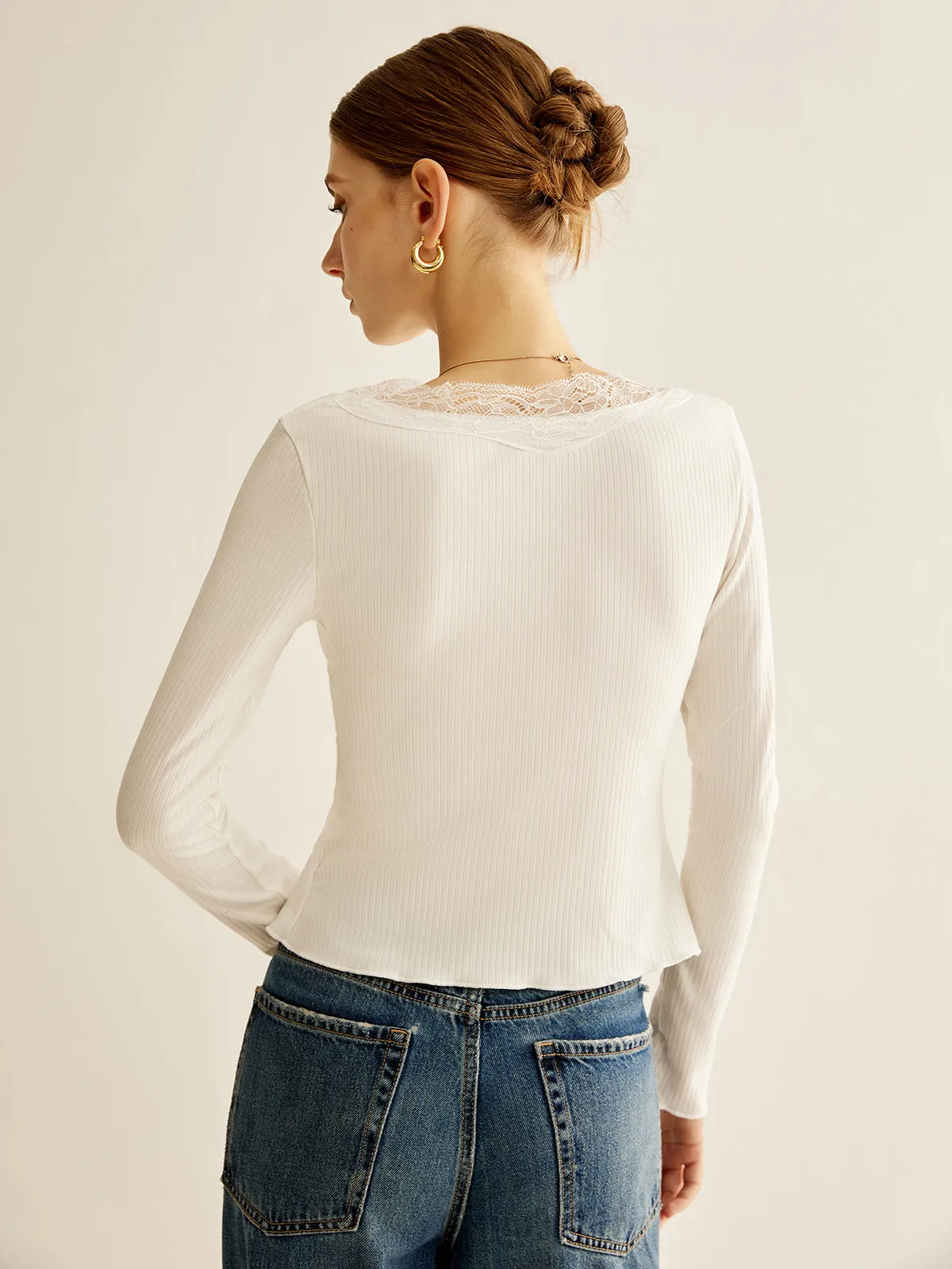 Lace Panel V-Neck Blouse sold by COMMENSE product image thumbnail 5