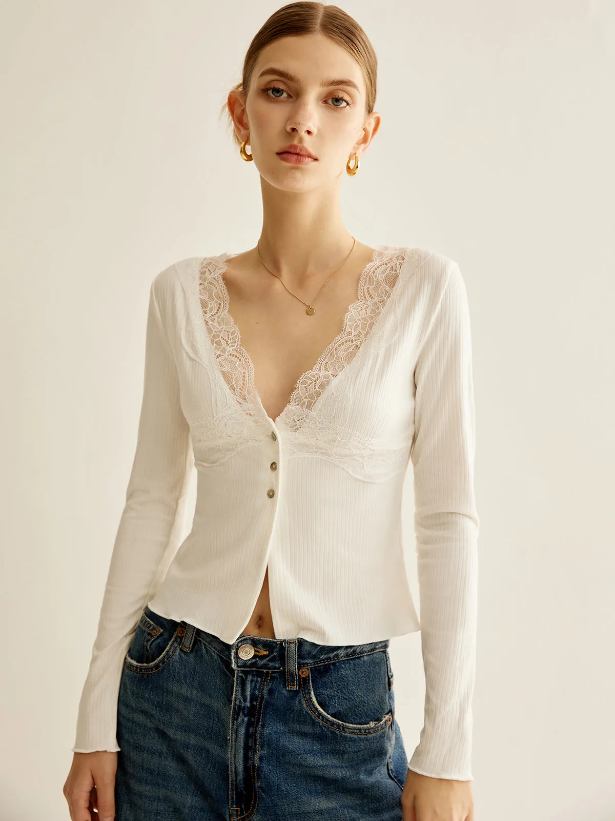 Lace Panel V-Neck Blouse sold by COMMENSE product image thumbnail 4