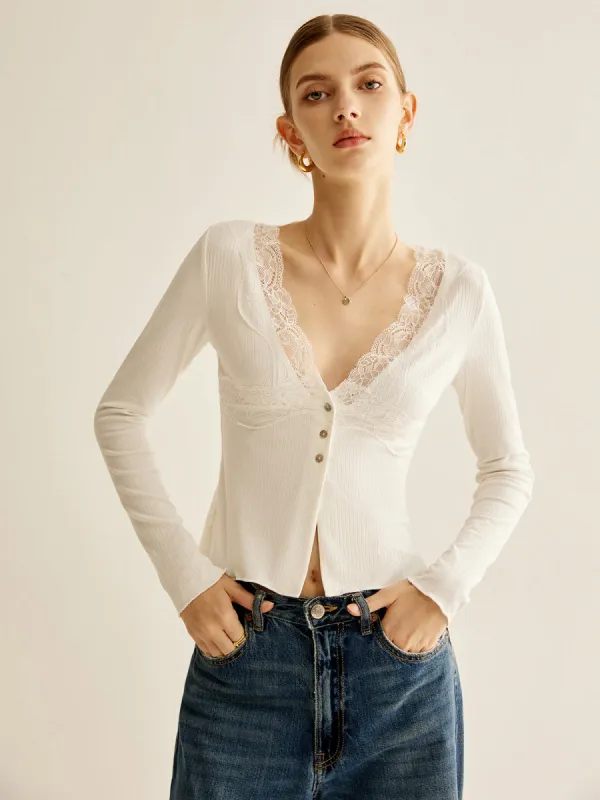 Lace Panel V-Neck Blouse sold by COMMENSE