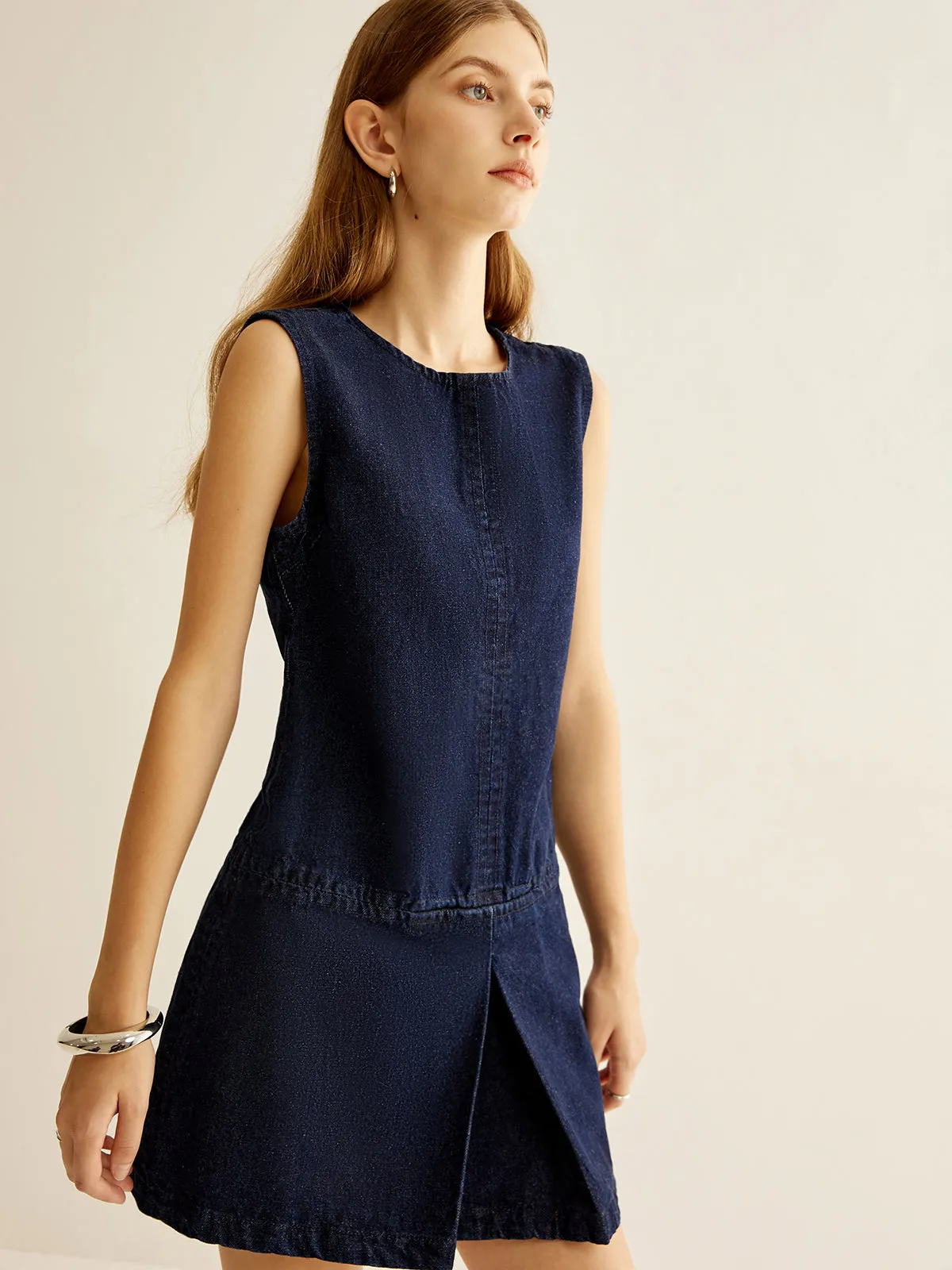 Crew Neck Sleeveless Denim Dress sold by COMMENSE product image thumbnail 5