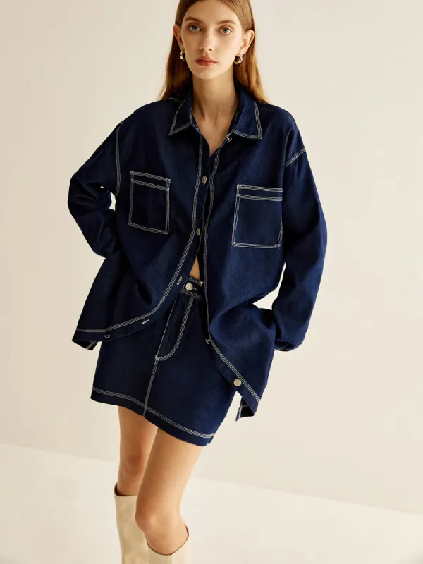 Cotton Blends Denim Skirt Set made by COMMENSE