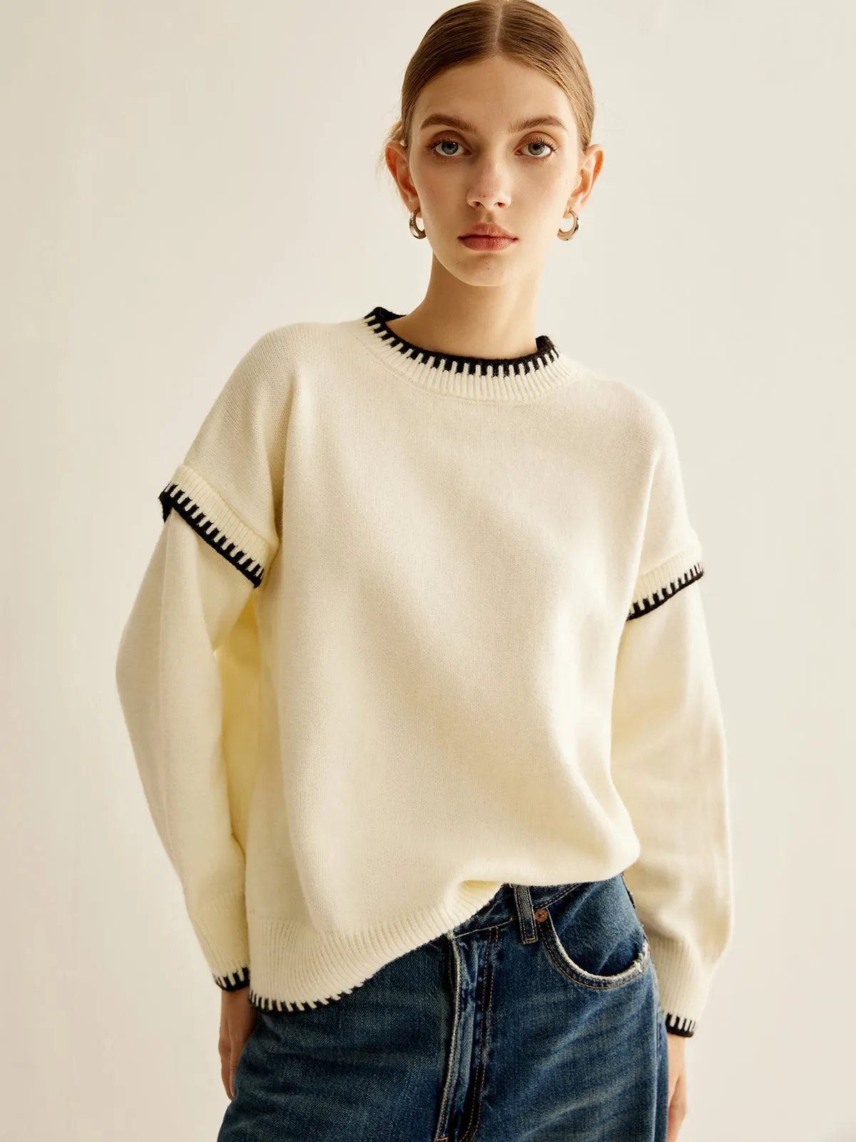 Embroidered Trim Pullover Sweater sold by COMMENSE