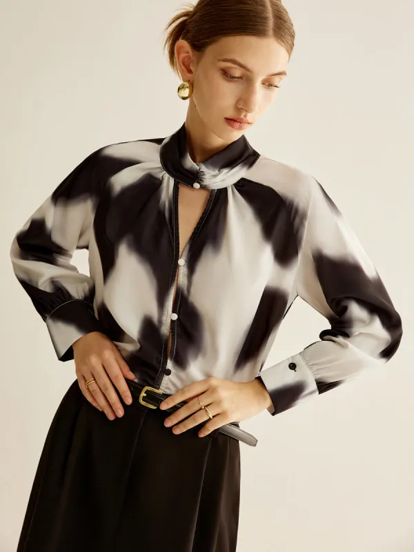 Tie Dye Stand Collar Blouse With Scarf sold by COMMENSE