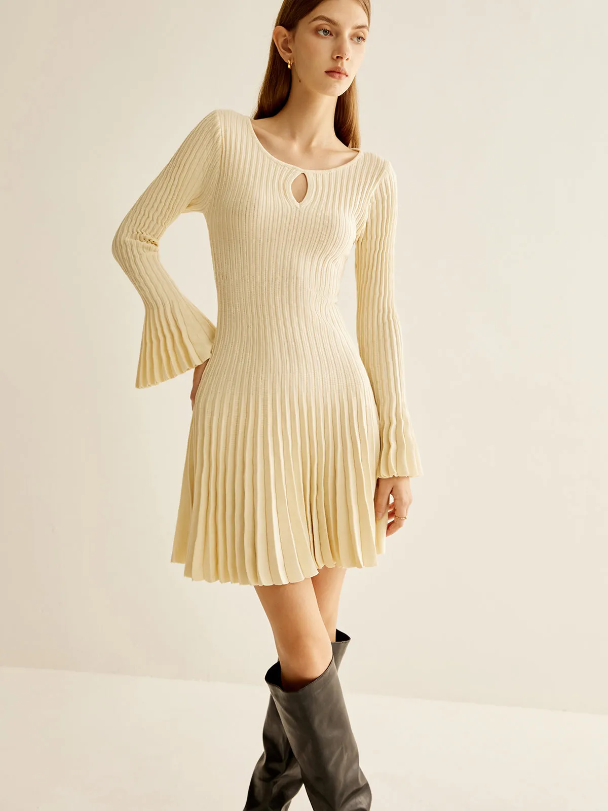 Keyhole Neckline Pleated Sweater Dress sold by COMMENSE product image thumbnail 2