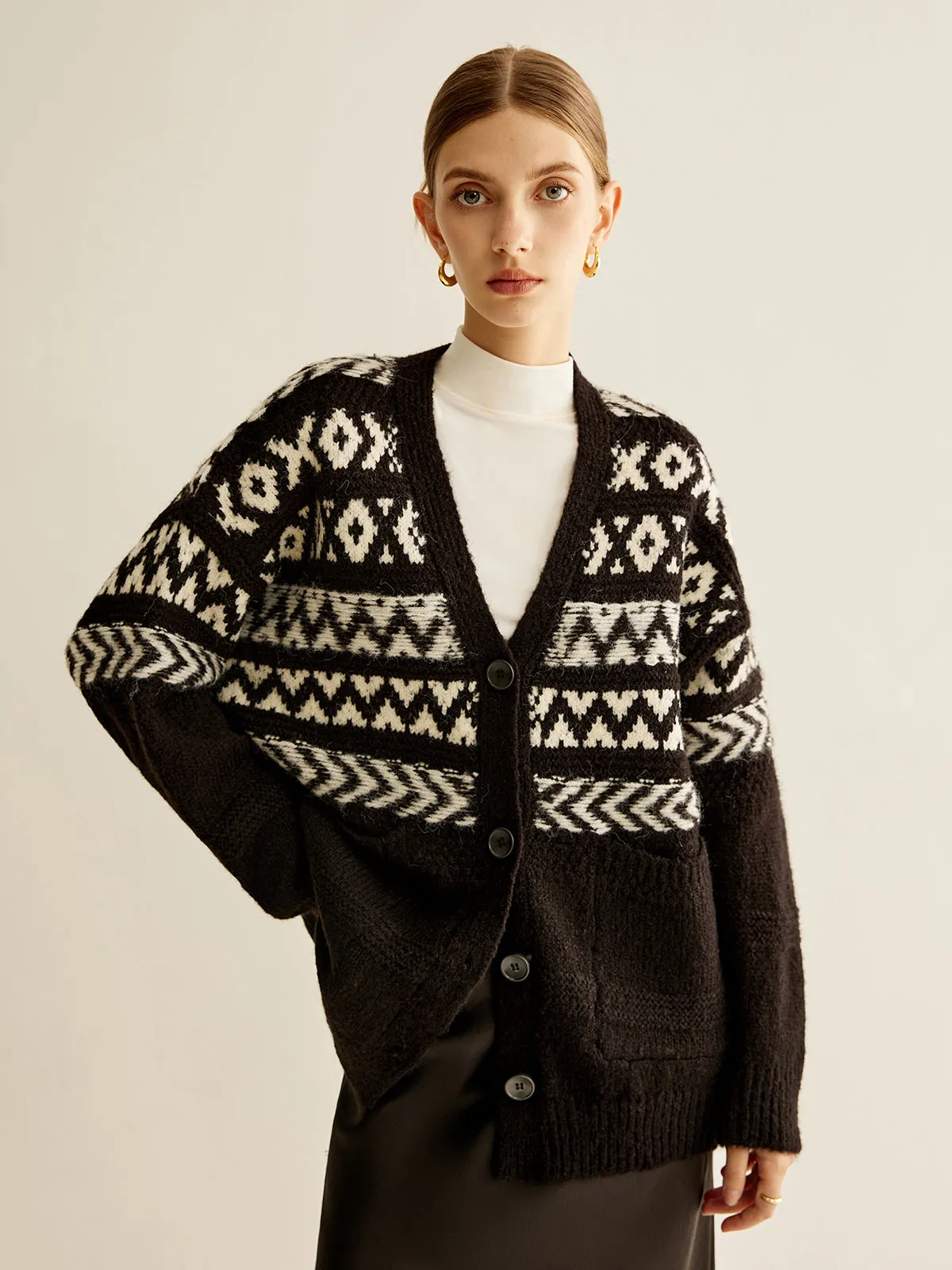 Geometric Printed Button Cardigan sold by COMMENSE