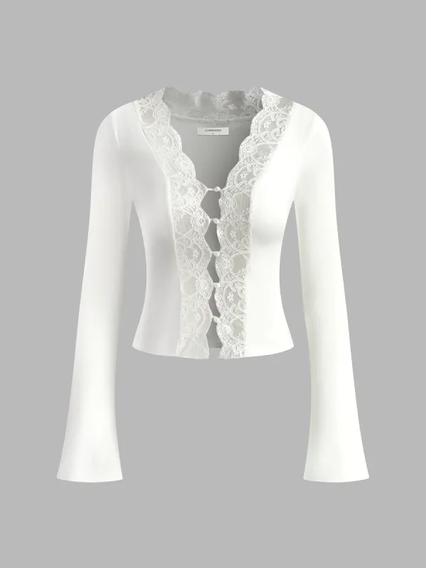 Lace Trim Crop Jersey T-Shirt sold by COMMENSE