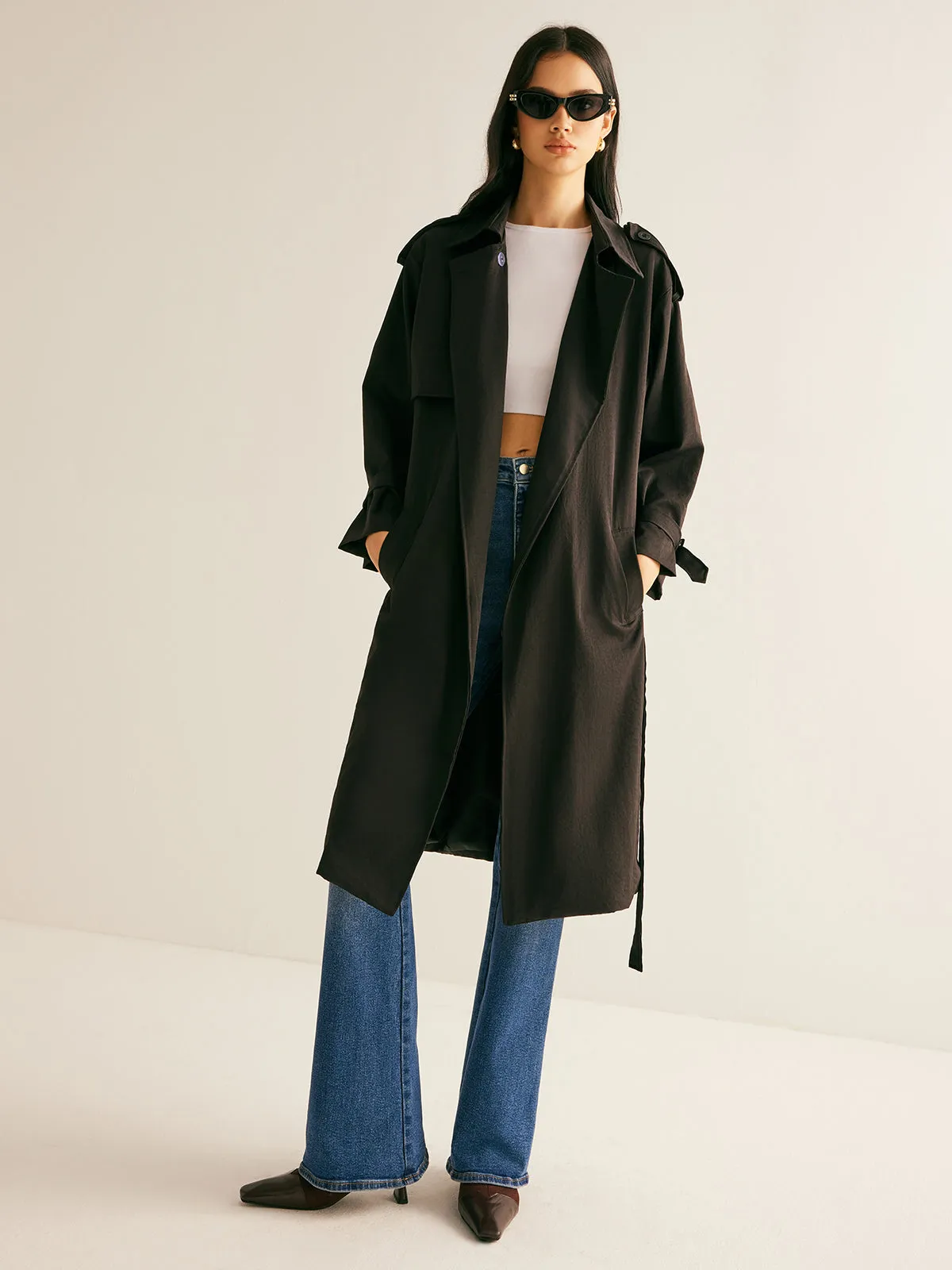 Plain Versatile Belted Long Trench Coat sold by COMMENSE product image thumbnail 3