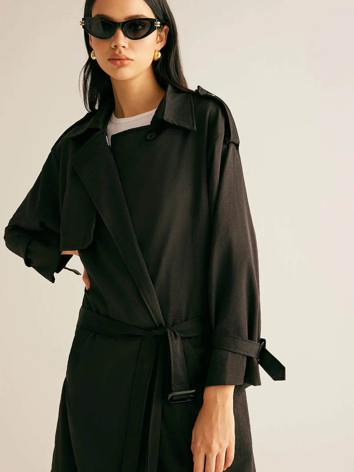 Plain Versatile Belted Long Trench Coat sold by COMMENSE product image thumbnail 4