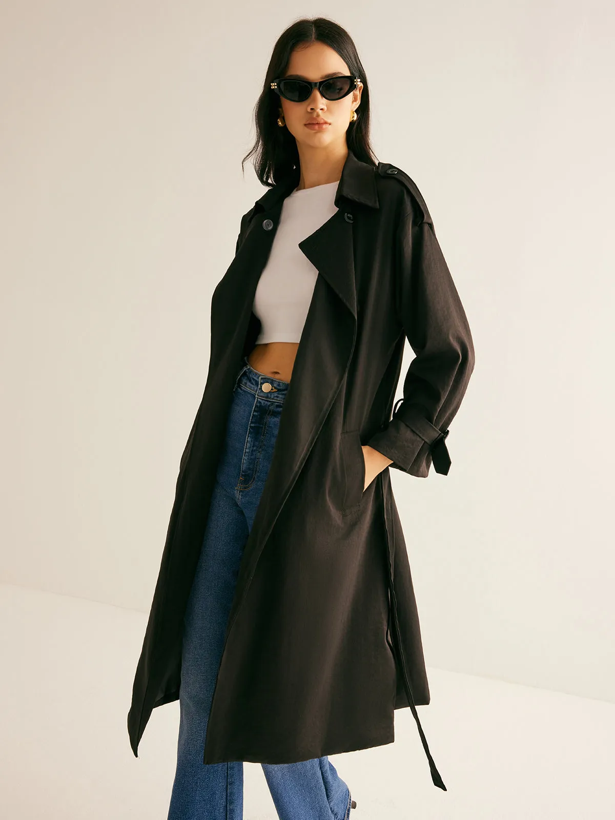 Plain Versatile Belted Long Trench Coat sold by COMMENSE