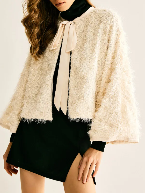 Tie Neck Fuzzy Blazer sold by COMMENSE