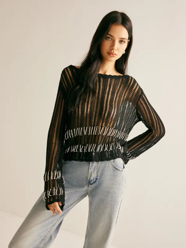 Rhinestone Hollow Knit Top made by COMMENSE