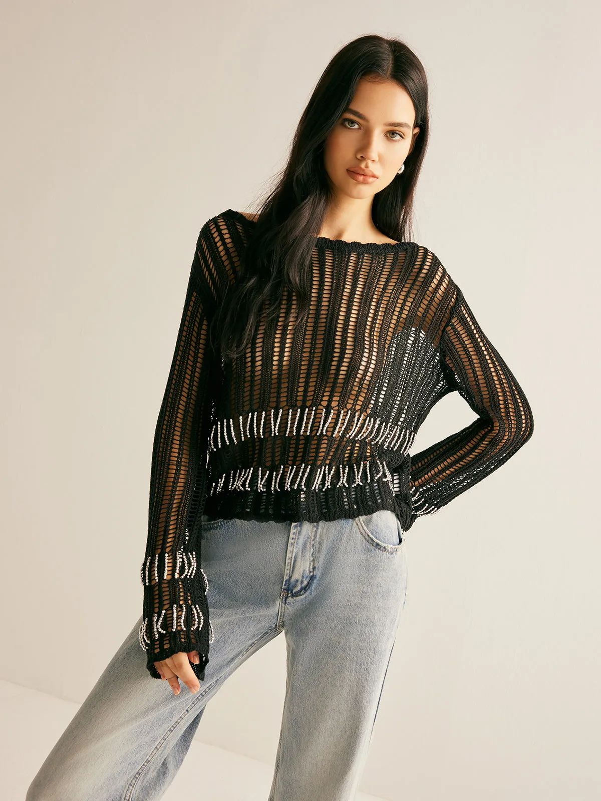 Rhinestone Hollow Knit Top sold by COMMENSE