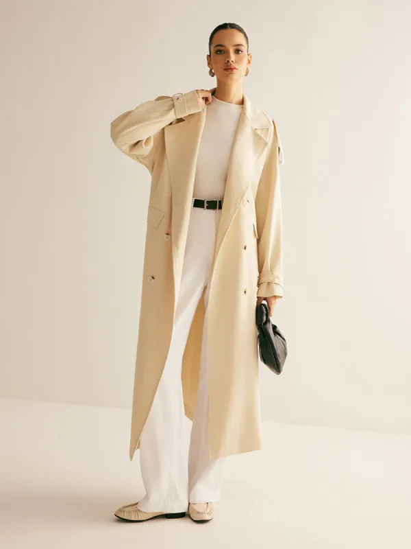Lapel Pockets Belted Trench Coat made by COMMENSE