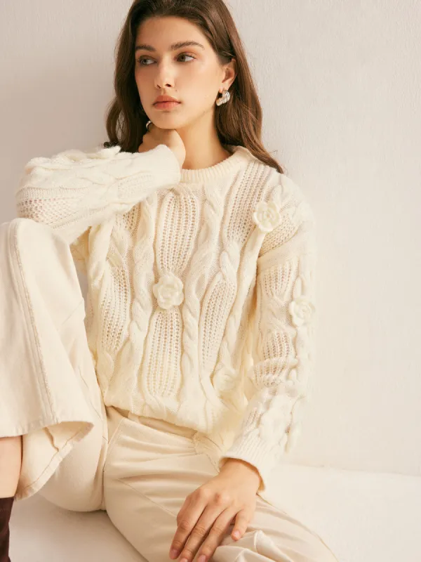 3D Flower Cable-Knit Pullover Sweater sold by COMMENSE