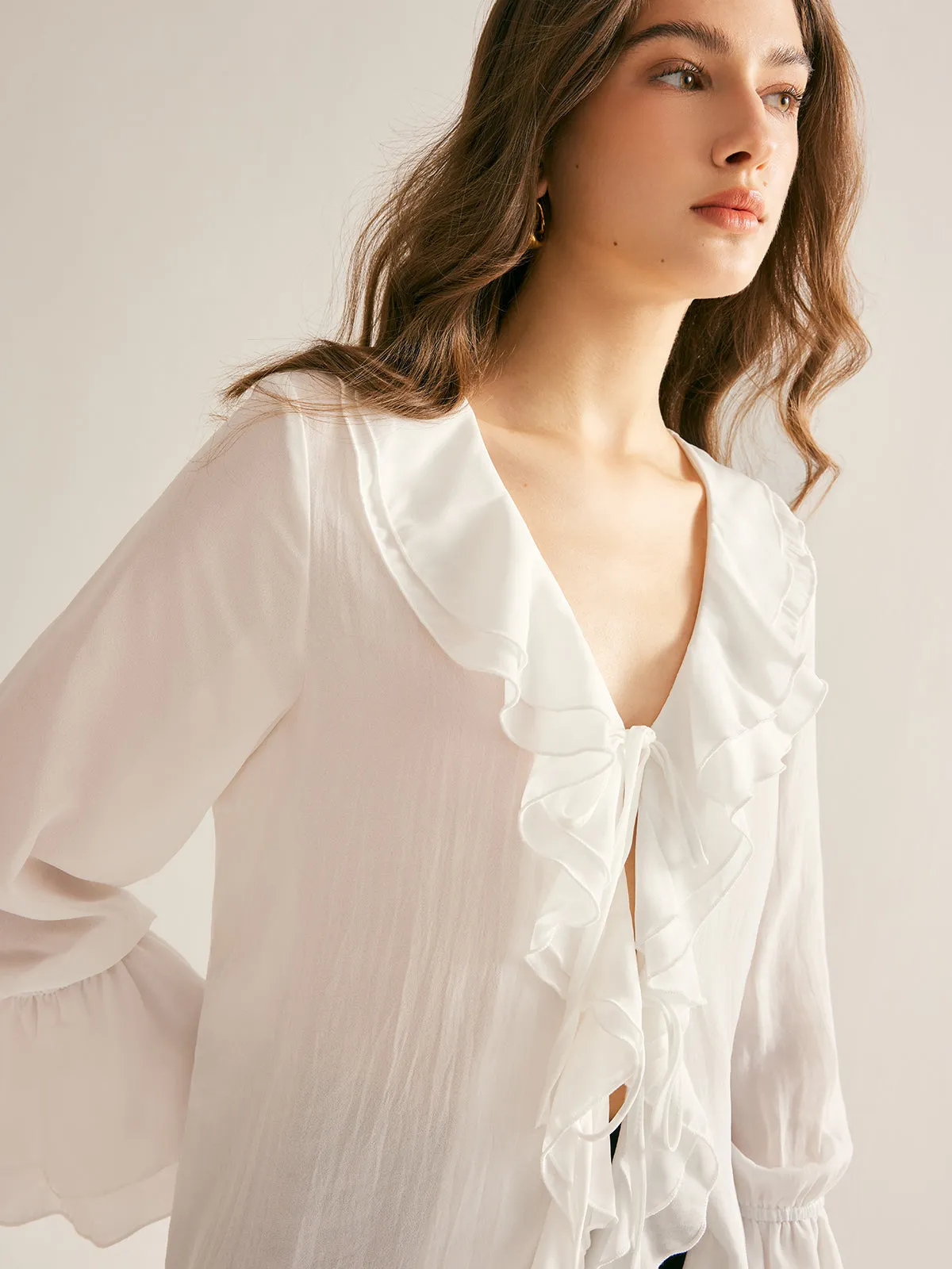 V-Neck Ruffle Thin Shirt sold by COMMENSE product image thumbnail 4