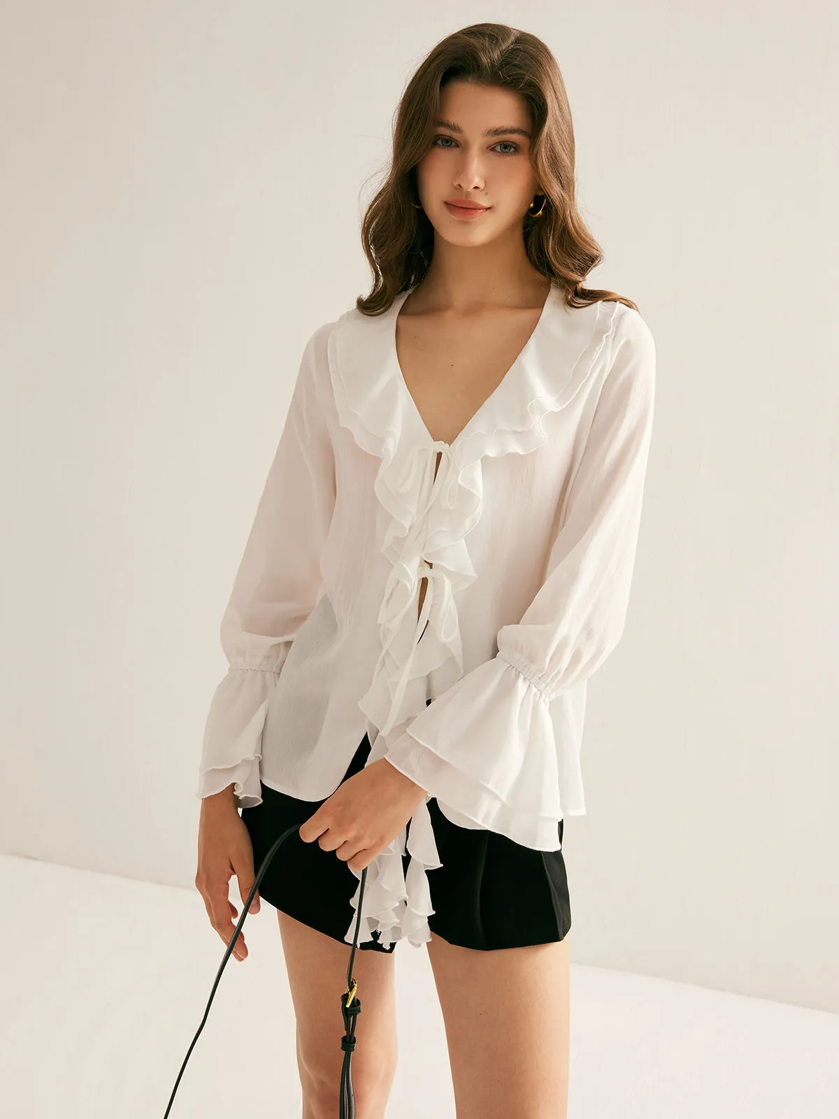 V-Neck Ruffle Thin Shirt sold by COMMENSE