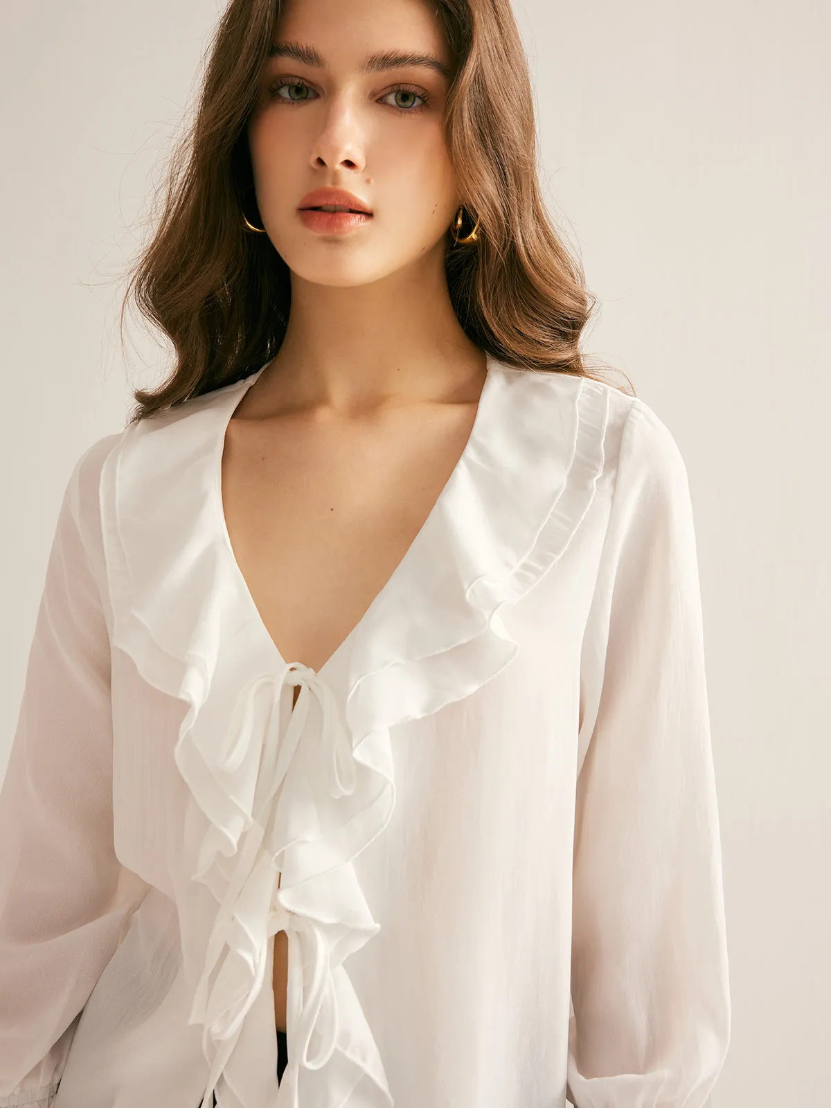 V-Neck Ruffle Thin Shirt sold by COMMENSE product image thumbnail 2