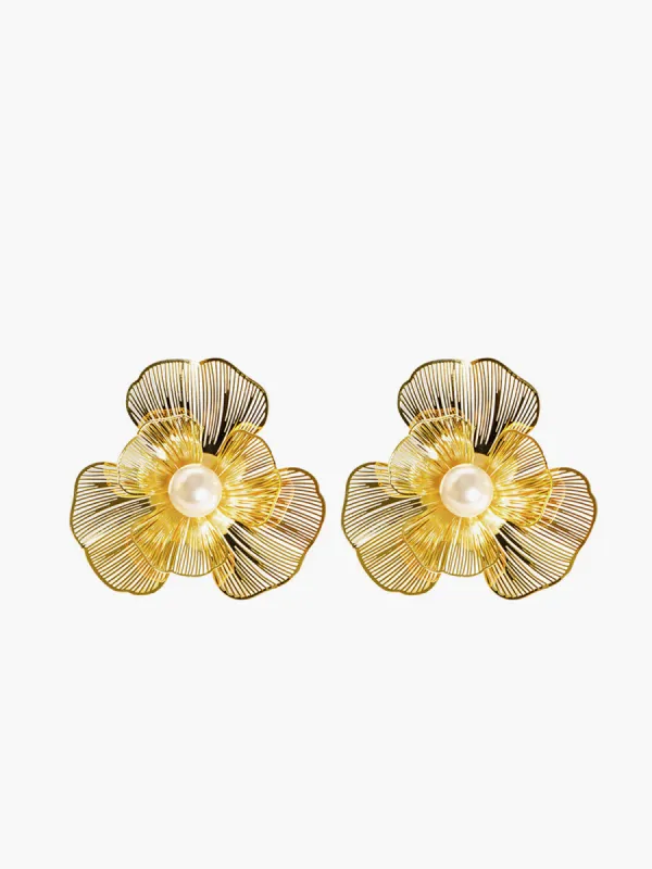 3D Metal Flower Pearl Earrings sold by COMMENSE