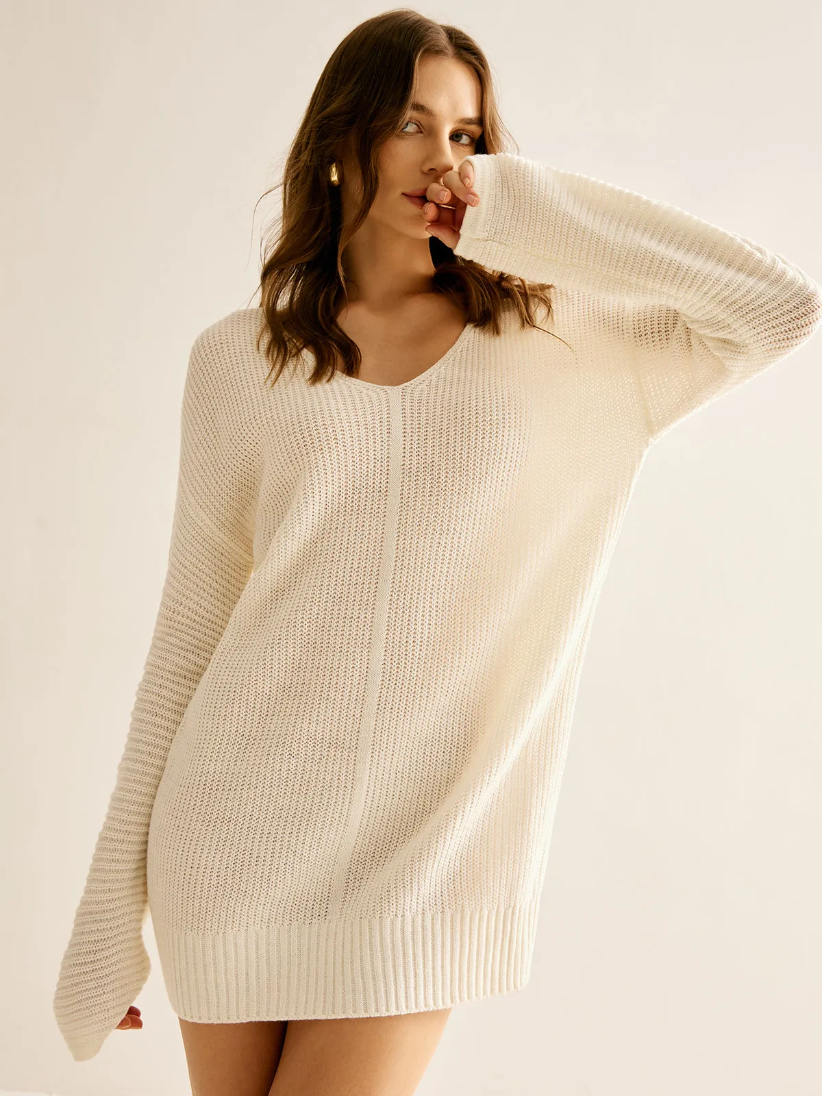 Wool-Blend V-Neck Sweater Dress Without Belt sold by COMMENSE product image thumbnail 4