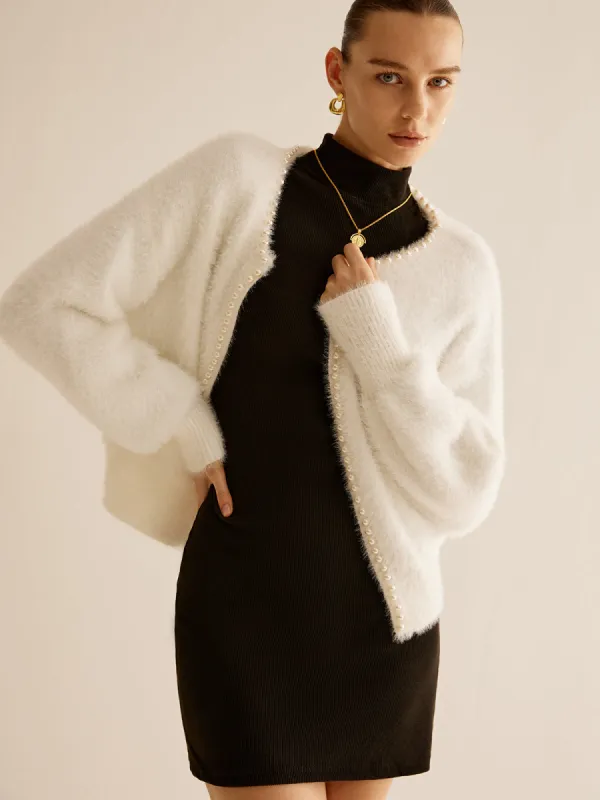 Elegant Pearl Trim Fuzzy Cardiagn sold by COMMENSE