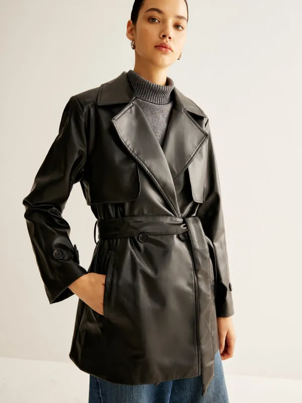 Button Belted Faux Leather Jacket sold by COMMENSE
