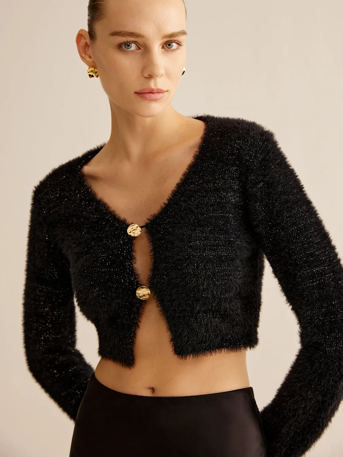 Button Fuzzy Crop Cardigan sold by COMMENSE product image thumbnail 2