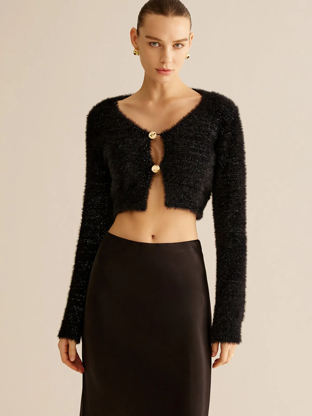 Button Fuzzy Crop Cardigan sold by COMMENSE