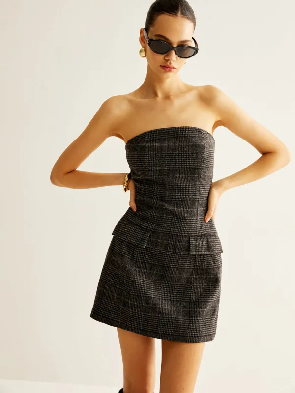 Tweed Checked Tube Short Dress sold by COMMENSE