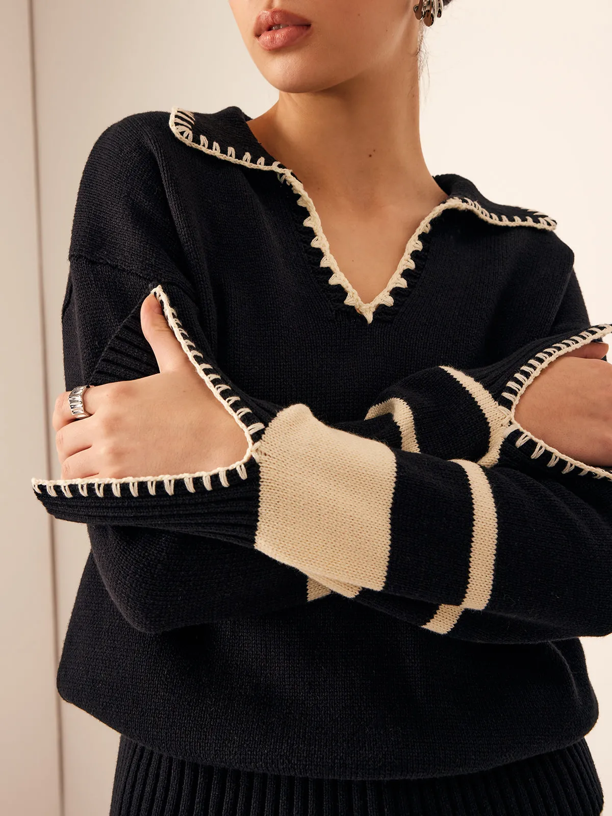 Contrast Striped Lapel Sweater sold by COMMENSE product image thumbnail 5