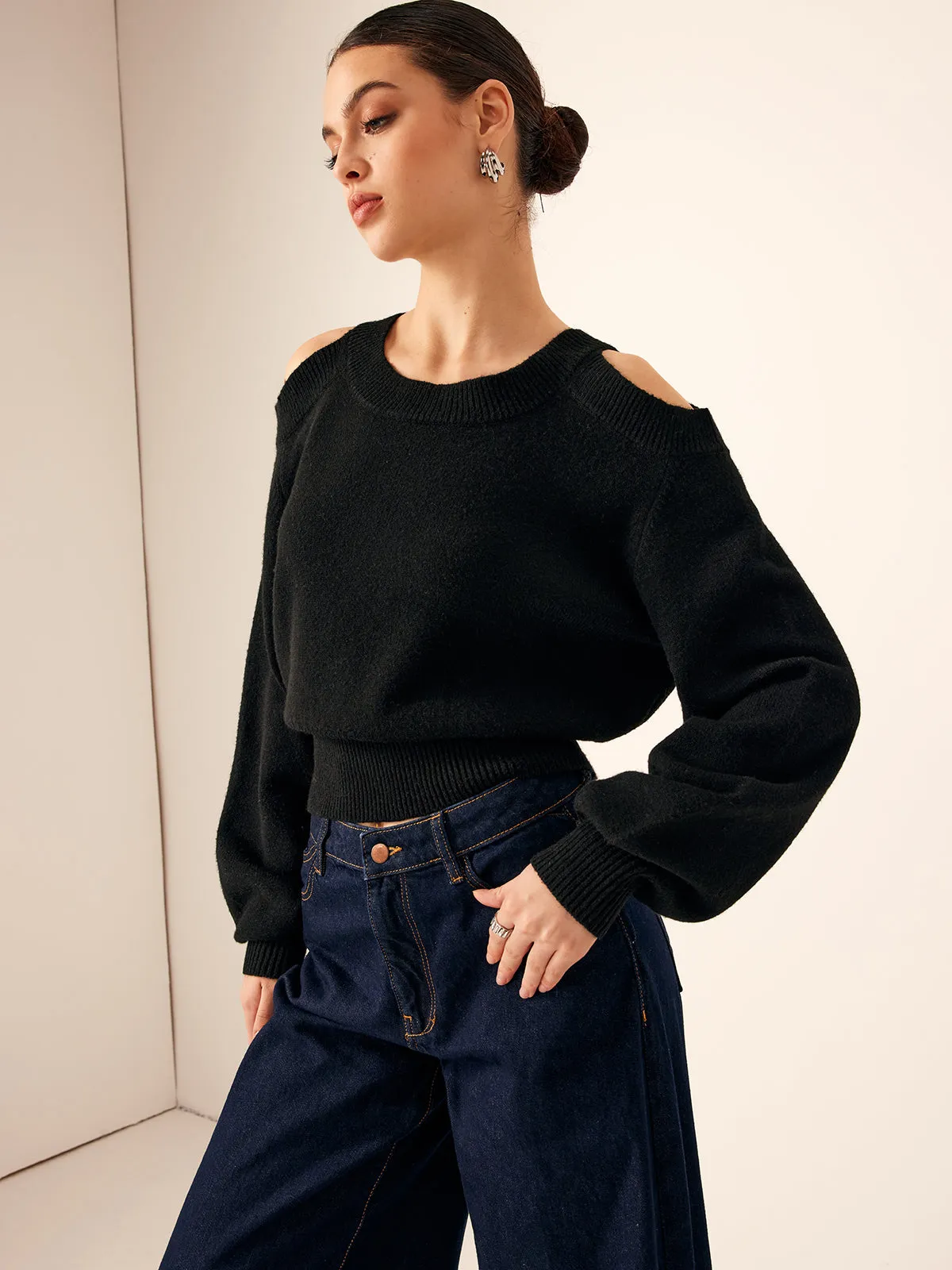 Plain Cutout Cinched Sweater sold by COMMENSE