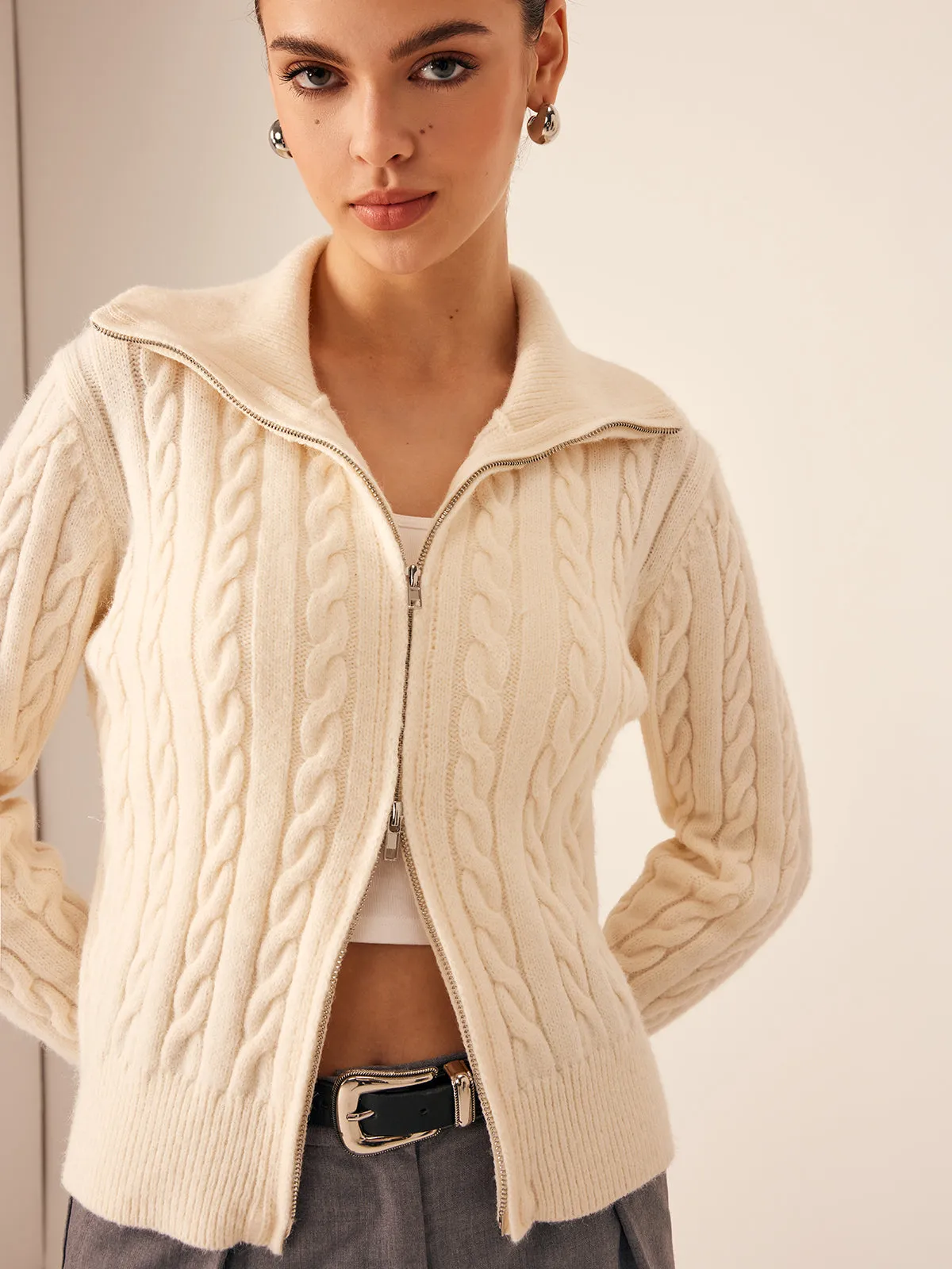 Two-Way Zipper Cable Knit Cardigan sold by COMMENSE product image thumbnail 4