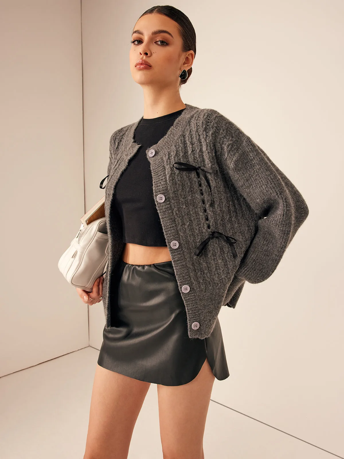 Wave Trim Bow Breasted Cardigan sold by COMMENSE product image thumbnail 2