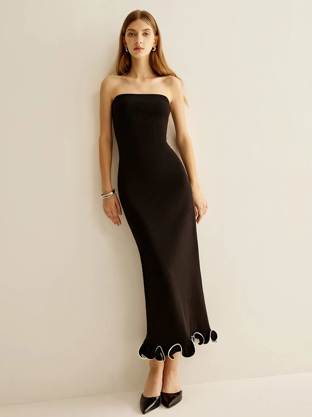 Contrast Ruffle Slim Tube Dress sold by COMMENSE product image thumbnail 4
