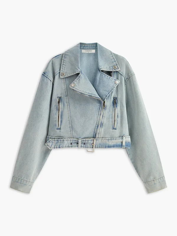 Asymmetrical Zipper Belted Denim Jacket sold by COMMENSE