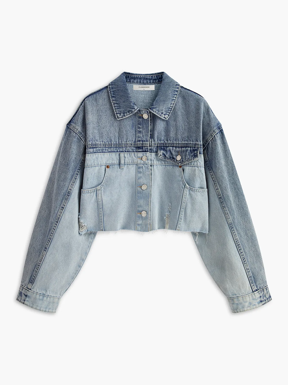 Two Tone Panel Crop Denim Jacket sold by COMMENSE