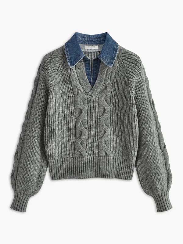 Denim Panel Ribbed Lapel Sweater sold by COMMENSE
