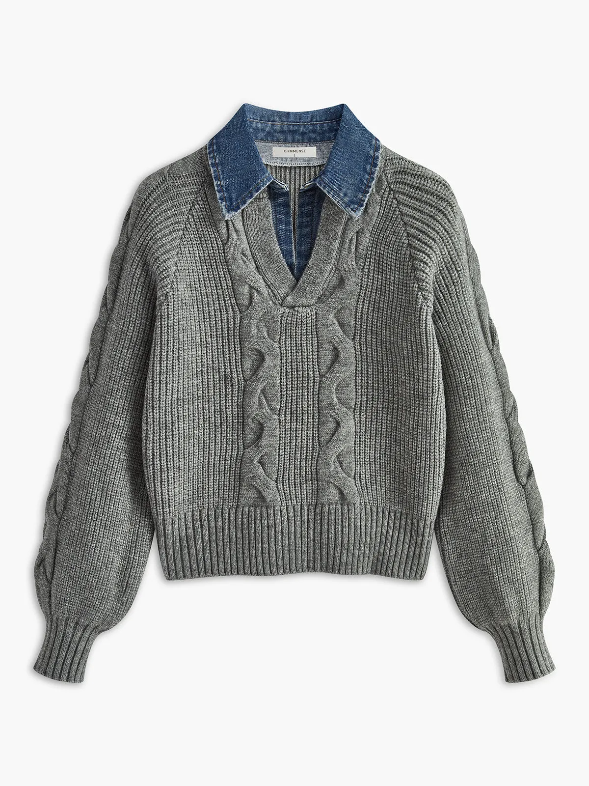 Denim Panel Ribbed Lapel Sweater sold by COMMENSE